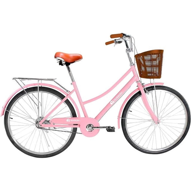 bicicleta urbana bluelander rodada 26 rosa con cuadro paso bajo de acero, vista 3/4 frontal; canasta delantera marrón tipo mimbre, asiento y puños marrón, guardabarros y parrilla trasera, suspensión frontal con amortiguadores visibles y ruedas 26"; ideal para transporte urbano y paseos recreativos.