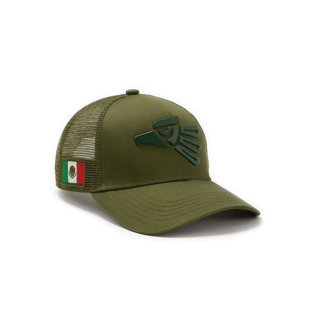 knite gorra para hombre estilo fuerza armada militar orgullo méxico ajustable gorra verde 3/4 frontal con parche bordado en relieve en el frente, visera ligeramente curva, panel trasero de malla ventilada y cierre ajustable posterior; adecuada para uso diario, entrenamiento ligero o como accesorio táctico con identidad mexicana.