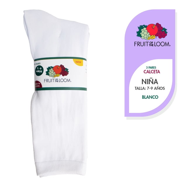 Calceta Fruit Of The Loom para Niña, sin Felpa Blanca Talla M, 3 Pares