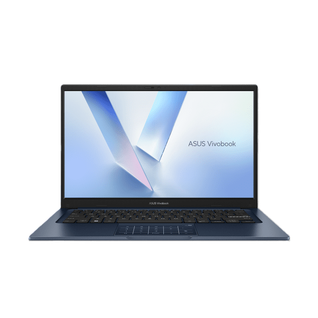 laptop asus vivobook 14 pulgadas intel core i3 8gb ram 128gb ssd windows 11 home Vista frontal centrada de la ASUS VivoBook 14 azul con pantalla abierta 14" Full HD (1920 x 1080) antirreflejo, biseles delgados, teclado con touchpad que incluye función numérica, chasis ligero y compacto; a menudo usada como equipo portátil para clases y viajes.
