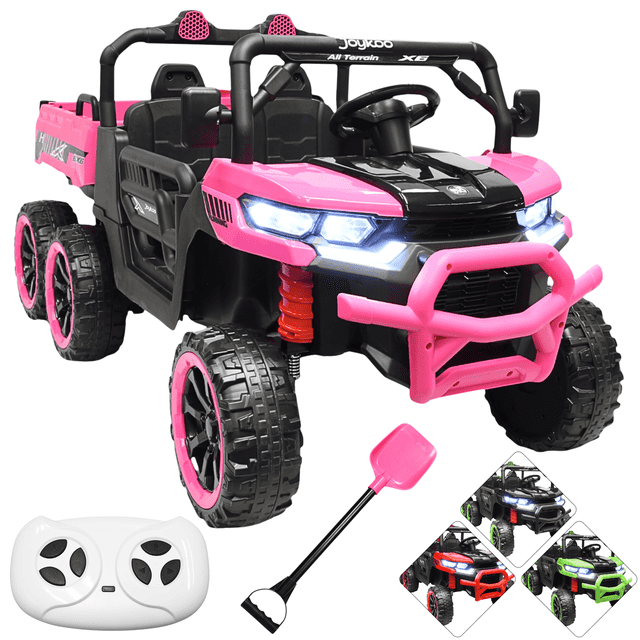 montable eléctrico para niños tractor 6x6 caja de vuelco atomática luz y sonido bluetooth 12v - rosa montable infantil 6x6 rosa con defensas y parrilla frontal, caja de vuelco funcional y puertas abatibles; dos asientos con cinturón, volante con claxon y música, tablero con Bluetooth/USB/Aux, dos motores y amortiguadores en ruedas, control parental remoto hasta 40 m, capacidad 35 kg y medidas 140 x 69 x 71.5 cm. También suele usarse para juegos de maniobras en jardín o patio.