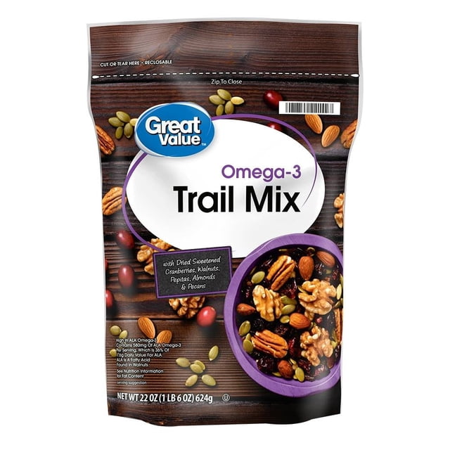 mezcla de frutos secos great value 624 g Bolsa resellable frontal con logo Great Value y texto 'Trail Mix'; empaque mostrando arándanos secos endulzados, nueces, pepitas y almendras en un plato morado sobre fondo de madera y cierre zip superior, peso 624 g; opción habitual como snack para complementar la dieta diaria.