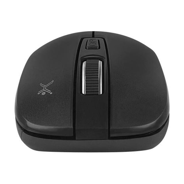 mouse óptico inalámbrico perfect choice negro Vista frontal centrada de mouse óptico inalámbrico Perfect Choice en negro, forma compacta con rueda de desplazamiento texturizada, botón adicional detrás de la rueda, carcasa de acabado mate y logotipo lateral modelo PC-044758; adecuado para casa u oficina y suele usarse también en estaciones de trabajo móviles.