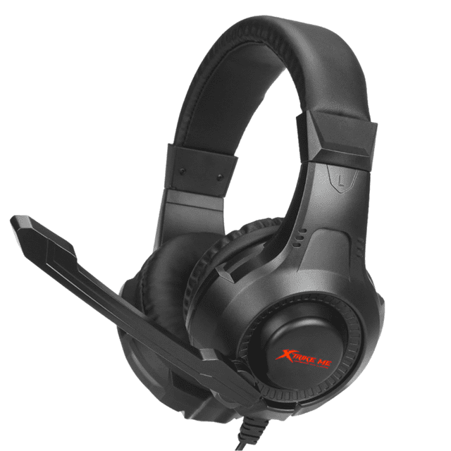 audifonos gamer headset con micrófono xtrike me auriculares on-ear negros, vista 3/4 frontal; diadema acolchada ajustable, copas con almohadillas de proteína memory foam, micrófono boom flexible de alta sensibilidad y cable compatible con PC, PS4 y Xbox One; también aptos para llamadas y streaming casual.