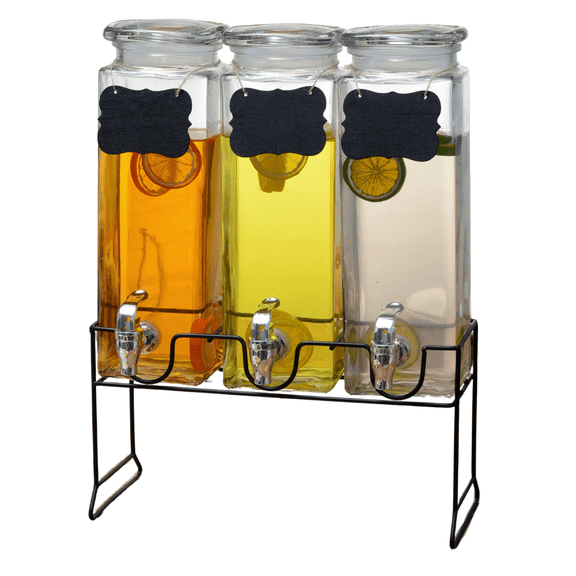 Set 3pz Dispensador de Bebidas Vidrio 3L con Llave plastica y Tapa metalica
