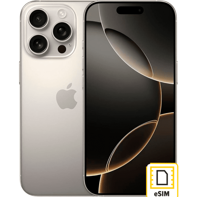 apple iphone 16 pro 512gb titanio natural esim reacondicionado vista frontal y trasera centrada, cuerpo de titanio natural microarenado, pantalla Super Retina XDR OLED de bordes delgados con notch estilo pill, triple cámara trasera con anillos metálicos y logo Apple visible; smartphone desbloqueado compatible con 5G, a menudo usado como dispositivo principal para fotografía Pro y consumo multimedia.