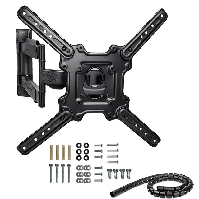 soporte de brazo articulado para pantallas 18"-50" strong-arm-m soporte de pared articulado con placa central y cuatro brazos en X, acabado negro mate; brazo lateral plegable de doble articulación, orificios VESA visibles, tornillería completa, tarugos y funda organizadora de cables, ideal para montaje de TV en sala, recámara u oficina; también suele usarse para monitores de oficina.