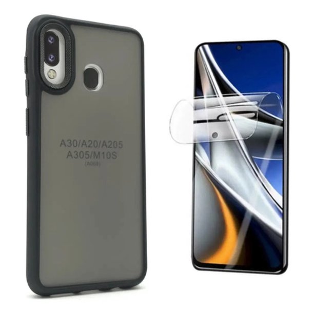 Funda + Mica Icon Case Electro Mate para Samsung A20, Carcasa, Protector, Uso Rudo, Protector de Pantalla, Antigolpes, Esquinas Reforzadas, Protección de Cámara - Negro