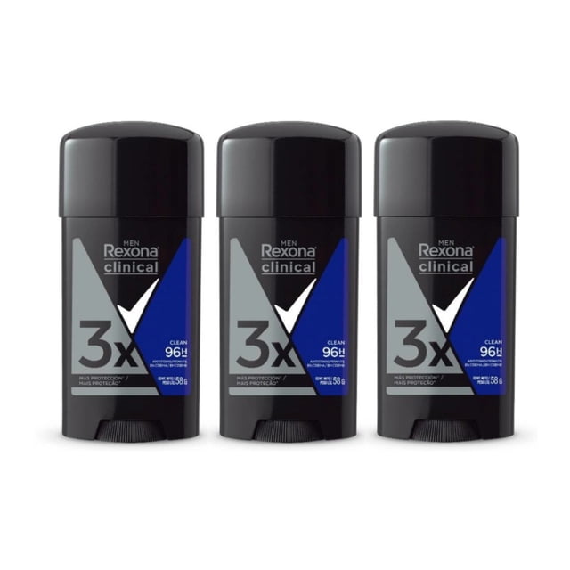 rexona clinical antitranspirante en crema para hombre, 3 x 58 g, protección 96h fórmula antimanchas — Tres sticks frontales negros alineados sobre fondo blanco; etiquetas azul y gris con logo Rexona Clinical, gran “3x” y texto “96H”. Envases de 58 g para control del sudor y olor, diseñado para pieles activas; a menudo se lleva en viajes.