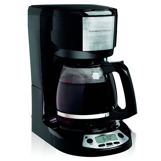 hamilton beach 49615 cafetera programable,12 tazas, negra, mod. 49615-negro cafetera eléctrica negra de 12 tazas con jarra de vidrio frontal, panel digital LCD con botones de programación y función pausa al servir, placa de calentamiento bajo la jarra y canastilla de filtro accesible; también suele usarse para preparar tazas múltiples antes de reuniones pequeñas.