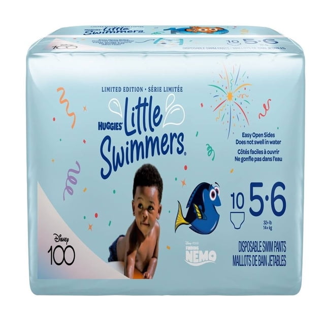 pañales huggies little swimmers etapa grande unisex 10 piezas empaque azul claro frontal con logo Huggies Little Swimmers, ilustración de Dory, indicador de talla 5-6 (14+ kg) y textos que mencionan laterales abre fácil y que no se infla en el agua; calzón de natación desechable ideal como calzón entrenador para mayor libertad de movimiento.