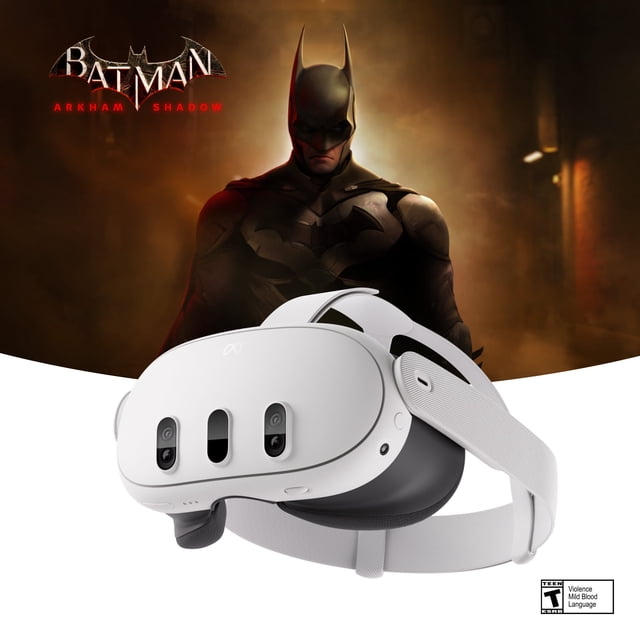 lentes de realidad virtual meta quest 3 mixed reality 4k 512gb bundle batman arkham shadow dispositivo Blanco, vista frontal centrada del visor inalámbrico con tres cámaras frontales visibles, correa ajustable y almohadilla facial en primer plano; fondo con arte de Batman. Adecuado para experiencias de realidad mixta, juegos 4K y audio espacial, y a menudo usado para ver películas en una pantalla virtual personal.