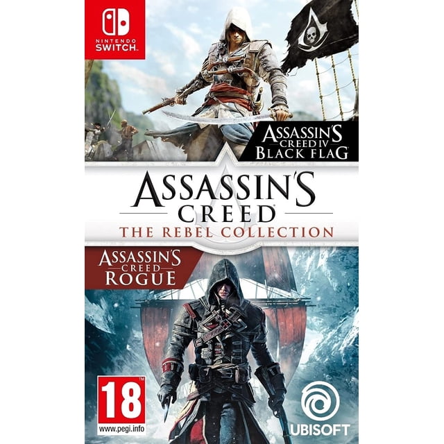 assassin's creed: the rebel collection nintendo switch game Nuevo multicolor portada dividida: arriba el pirata de Assassin’s Creed IV Black Flag de frente con espada y bandera Jolly Roger; banda central con el título Assassin's Creed The Rebel Collection; abajo el hooded protagonista de Assassin’s Creed Rogue frente a mar tormentoso, logos de Nintendo Switch y Ubisoft visibles. También adecuado para coleccionistas que buscan portada compilatoria.