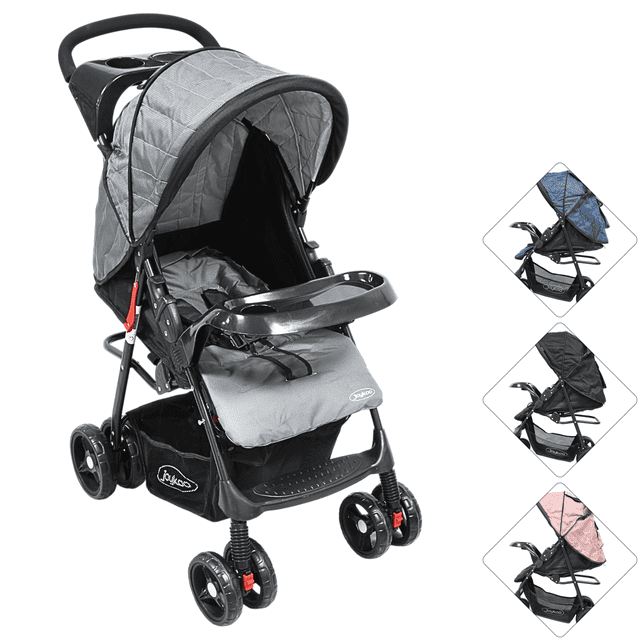 carriola para bebé ligera y plegable asiento reclinable cinturón de 5 puntos charola toldo apta desde 6 meses hasta 18 kg - gris 3/4 frontal de una carriola JOYKOO gris con toldo extendido y ventana de malla, asiento acolchado en posición semi‑reclinada, cinturón de seguridad de 5 puntos visible como correas cruzadas, charola frontal con portavasos y charola para padres en el manillar; ruedas dobles de EVA con delanteras 360° y freno trasero, estructura de acero y cesta inferior para almacenamiento. Fondo blanco; también adecuada para traslados y viajes cortos.