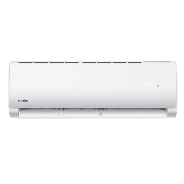 aire acondicionado mini split tradicional frío-calor 220 v 1.5 toneladas (18,000 btu) blanco mabe - mmt18hdbwcam1 frontal centrado; unidad interior mural rectangular blanca con rejilla inferior desplegada, logo Mabe en panel izquierdo y display digital azul en panel derecho; funciones nombradas en ficha: ECO, Self Wash y Ultra Clean Air; suele usarse para climatizar habitaciones grandes en el hogar.