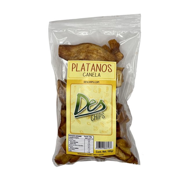 chips botana de vegetales horneados deshidratados, libres de glúten, veganas x 3 bolsas de 100 gr cada una - sabor plátano canela bolsa frontal transparente con rebanadas de plátano visibles; etiqueta amarilla con "PLATANOS CANELA" y logo DES CHIPS, rótulo nutricional en la parte inferior; empaque sellado, adecuado como snack para llevar a la escuela, trabajo o mochila.