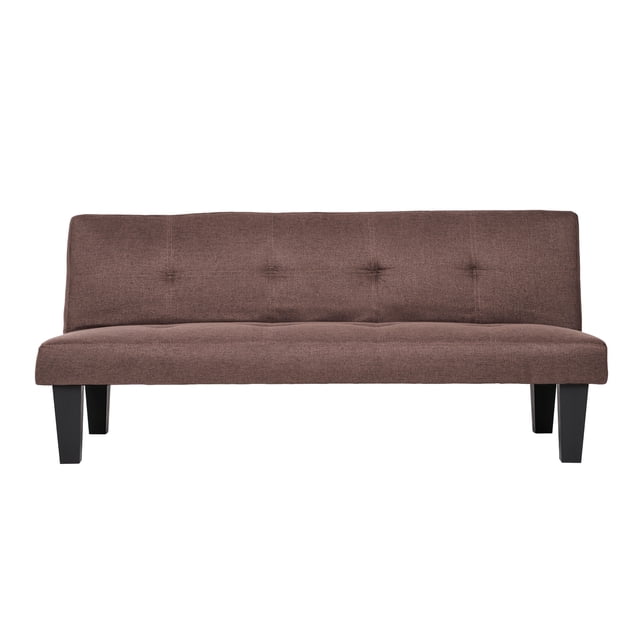 sofá cama lucía chocolate reclinable loomber sofá cama reclinable color chocolate, vista frontal centrada que muestra respaldo y asiento rectos con botones decorativos, tapizado de tejido texturizado visible y patas anguladas oscuras. Funcionalidad doble como sofá y cama, adecuado para departamentos pequeños y espacios multifuncionales; a menudo usado para acomodar visitas rápidamente.