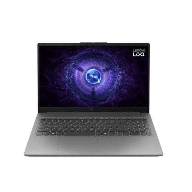 laptop gamer lenovo loq , intel core i5-12450hx, nvidia geforce rtx 3050, 16gb ram, 512gb ssd, windows 11 home, teclado español, 15iax9e 15.6" 1920x1080 full hd. Vista frontal centrada de la Lenovo LOQ 15IAx9E en gris tormenta, pantalla 15.6" Full HD antirreflejo con gráfico morado, teclado retroiluminado en español con teclado numérico, touchpad centrado y biseles delgados; adecuada para gaming y trabajo creativo ligero.
