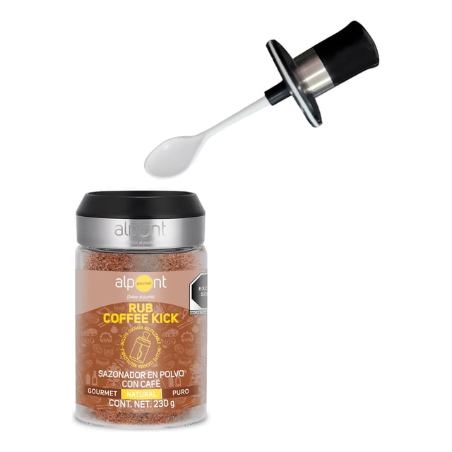 alpont rub coffee kick sazonador con café parrilla 230 g frasco transparente con tapa negra y dosificador, sazonador en polvo para parrilla de tono marrón rojizo visible, etiqueta marrón con texto amarillo y blanco que muestra 'coffee kick' y peso neto 230 g.