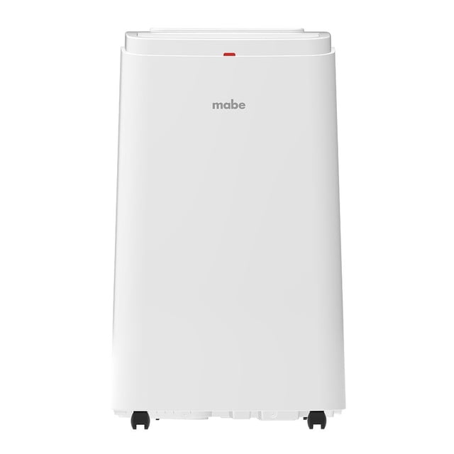 aire acondicionado mabe portátil on off frío-calor 1 tonelada (12,000 btu's) 110v ptm12habwjm2 vista frontal centrada de unidad portátil blanca con logo Mabe, panel LED y rejilla superior de salida de aire, ruedas en la base y carcasa rectangular curvada; capacidad 12,000 BTU, modos fast/cool/heat/dry y control remoto, ideal para climatizar habitaciones u oficinas pequeñas.