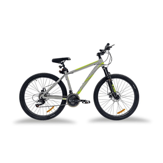 bicicleta de montaña monk messer rodada 26 con cuadro de aluminio gris y detalles verdes, 21 velocidades, suspensión delantera visible y frenos V‑Brake, vista lateral completa sobre fondo blanco; adecuada para rutas todo terreno y uso recreativo.