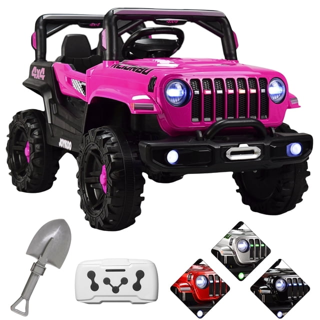 camioneta montable eléctrica joykoo 4x4 93 cm control remoto luz led 12v rosa vista 3/4 frontal de la camioneta JOYKOO rosa con parrilla todoterreno y faros LED encendidos, ruedas 4x4 de plástico rígido, asiento con respaldo y cinturón, volante y panel con entrada USB/Bluetooth; incluye control remoto y cargador. Diseñada para niños 3–6 años, 12V y dos motores, ideal para paseo infantil y juego al aire libre; a su tamaño compacto también suele usarse para sesiones de fotos de juguetes.