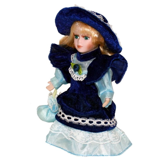 Muñecas de porcelana de 20 cm, niña con sombrero para exhibir, decoración del hogar. Azul