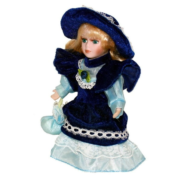 Muñecas de porcelana de 20 cm, niña con sombrero para exhibir, decoración del hogar. Azul