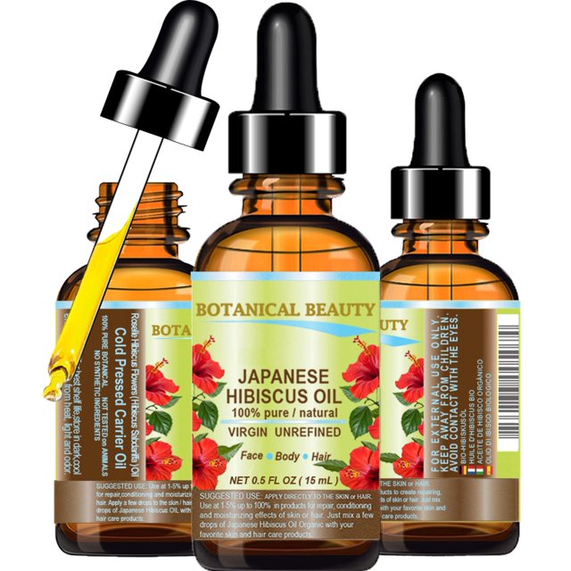 aceite de hibisco oil botanical beauty, 15 ml, 100% puro y natural frasco ámbar de 15 ml con cuentagotas negro; etiqueta frontal 'Japanese Hibiscus Oil' con flores rojas y texto de uso para cara, cuerpo y cabello; vista frontal y lateral con pipeta que muestra una gota dorada sobre fondo blanco; a menudo usado como aceite portador para mezclas caseras de masaje.
