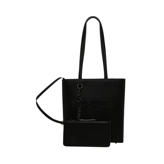 bolsa steve madden shoulder billie black bolso tote negro sintético 28 cm de alto x 24 cm de ancho con correa para el hombro, cierre de cremallera superior, llavero con logotipo y bolsa extraíble; vista frontal centrada sobre fondo blanco; también suele usarse como organizador de accesorios de viaje.