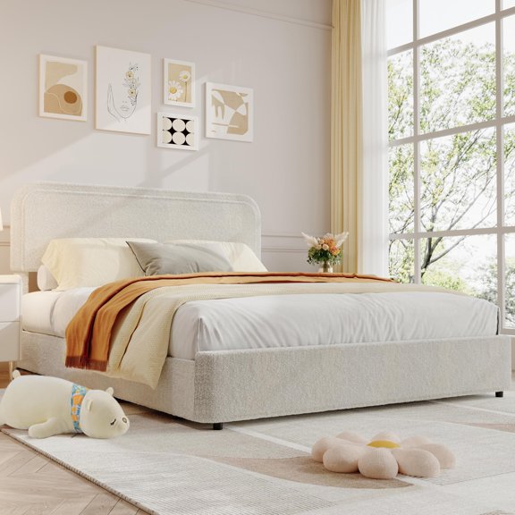 Yeshouse Estructura de cama moderna de tamaño matrimonial tapizada en tela bouclé con cabecero y 4 cajones de almacenamiento, somier de láminas de madera, no requiere base de colchón, fácil montaje