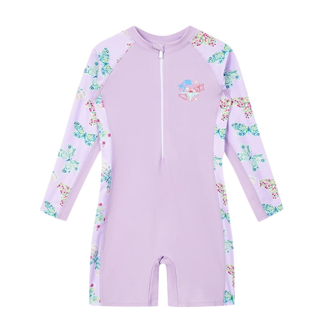 odeerbi 2-12 años traje de baño de una pieza para niñas traje de baño con cremallera traje de baño hawaiano de manga corta traje de baño con cremallera morado. Vista frontal centrada en nylon y spandex con cremallera parcial frontal, mangas largas raglán y piernas tipo short; paneles laterales y mangas con estampado floral tropical en verde y rosa y pequeño motivo hawaiano en el pecho. Ideal para playa, piscina y vacaciones.