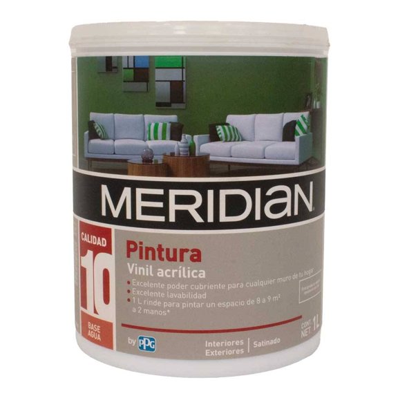 Pintura Meridian Satinado para Interiores y Exteriores Vinil Acrílica 1 Litro