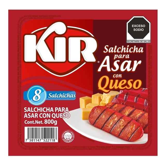 salchicha para asar kir con queso 800 g empaque frontal rojo de KIR con sello de 8 salchichas; ilustración de salchichas asadas en plato con cortes que muestran trozos de queso en el interior y aviso 'Exceso Sodio'.