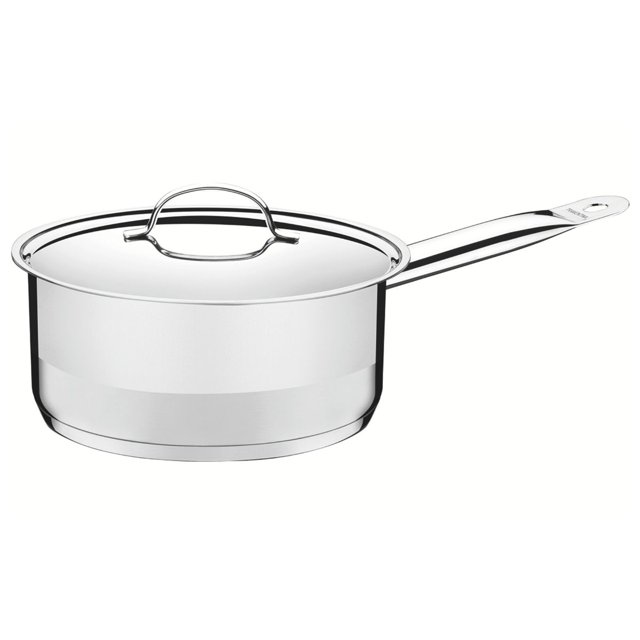 olla professional tramontina 20 cm olla de acero inoxidable plata, vista 3/4 con tapa plana y mango largo soldado; cuerpo pulido y borde que indica fondo triple (acero+aluminio+acero), tapa con salida de vapor y encaje perfecto, compatible con cocinas a gas, eléctricas, vitrocerámica e inducción; también suele usarse para preparar salsas y caldos en porciones pequeñas.