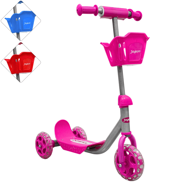 scooter para niños con canastilla tres ruedas de goma manubrio ajustable de 60 a 72 cm soporta hasta 25 kg - rosa, vista 3/4 frontal del scooter infantil rosa con canastilla frontal JOYKOO, plataforma baja antideslizante y chasis de acero curvado; tres ruedas de goma para mayor estabilidad; manubrio ajustable 60–72 cm visible; apto desde 90 cm y hasta 25 kg. También suele usarse para llevar pequeños juguetes durante los paseos.