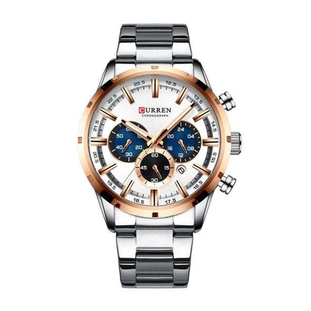 curren reloj krec762002 hombre plateado reloj Curren KREC762002 con caja y brazalete de acero inoxidable plateado, bisel dorado rosado, esfera blanca con tres subesferas azules, marcadores index, dos pulsadores laterales y corona; a menudo usado como accesorio de moda para looks formales y casuales.