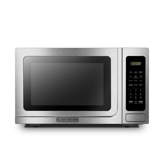 BLACK+DECKER EM036AB14 Horno digital de microondas con puerta giratoria con botón pulsador, cerradura de seguridad para niños, acero inoxidable, 1.4 pies cúbicos