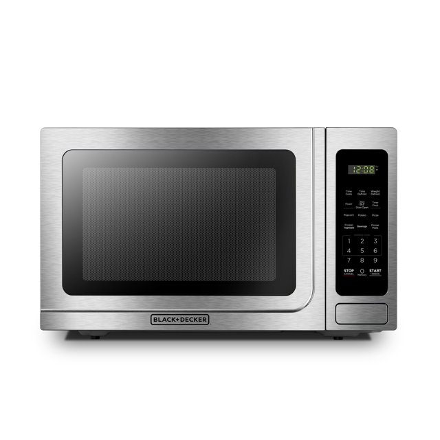black+decker em036ab14 horno digital de microondas con puerta giratoria con botón pulsador, cerradura de seguridad para niños, acero inoxidable, 1.4 pies cúbicos microondas Black+Decker en acero inoxidable, vista frontal con puerta de ventana oscura y panel digital LED derecho; teclado táctil con reloj, botones preprogramados, 1000 vatios y 10 niveles de potencia, plato giratorio de vidrio extraíble de 12.5 pulgadas, liberación de puerta con botón y luz interior; a menudo usado para recalentar comidas y bebidas en cocinas domésticas.