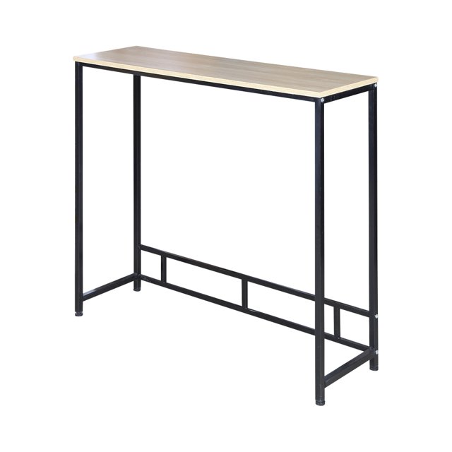mesa minimalista para pared color café claro HOMEASY, vista frontal con tablero rectangular de MDF melaminado con textura de madera y estructura metálica negra delgada; diseño estrecho ideal para pasillos o sala, apta para exhibir objetos decorativos.