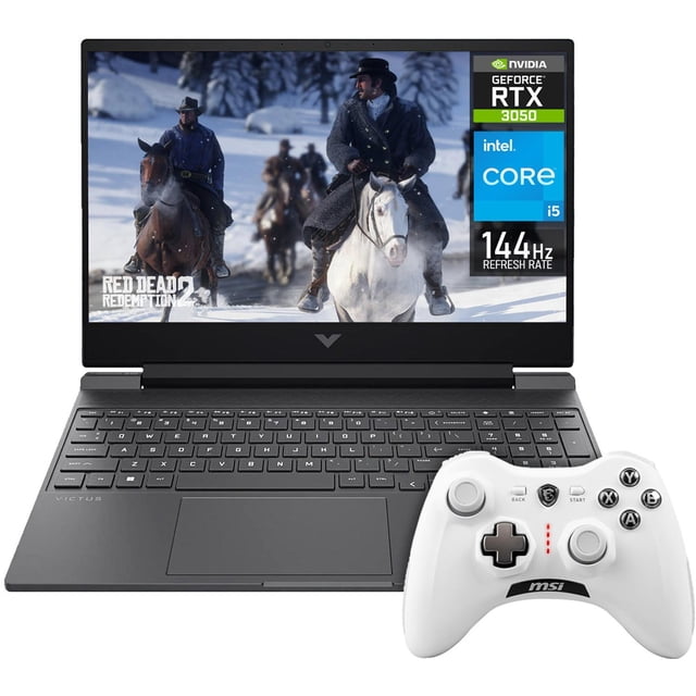 laptop gamer hp victus nvidia geforce rtx 3050 intel core i5 13420h 24gb 512gb ssd 15.6" full hd 144hz w11 teclado ingles control gaming y edicion de video Vista frontal centrada de la HP Victus gris con pantalla 15.6" FHD 144 Hz mostrando una escena de juego, biseles delgados, teclado en inglés visible, trackpad amplio y logo Victus en la bisagra; control inalámbrico blanco presentado como accesorio a menudo usado para jugar o transmitir contenido.