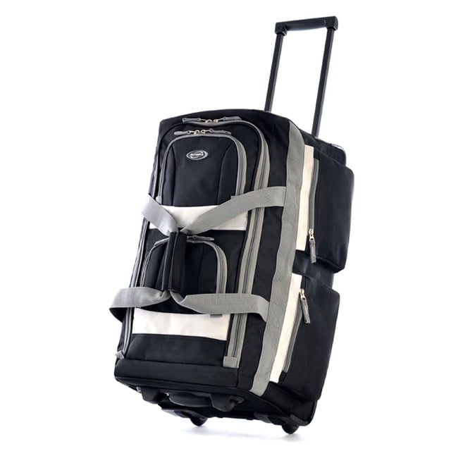 olympia u.s.a. 22 inch carry on 8 pockets wheeled rolling duffel bag water resistant luggage lightweight travel suitcase with retractable handle – Maleta de mano rodante 3/4 frontal en negro con asa telescópica extendida, ruedas en línea empotradas, correas de compresión frontales y ocho bolsillos exteriores con cremalleras visibles; etiqueta de marca en el bolsillo superior. También suele usarse como bolsa de viaje compacta para equipo deportivo o escapadas cortas.
