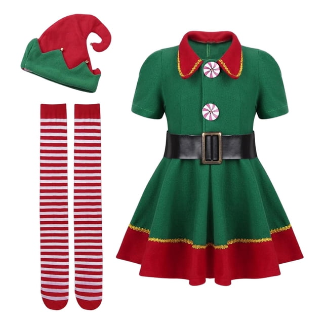 disfraz de duende sunnimix navidad 160cm vestido verde con cuello rojo y botones estilo caramelo, falda acampanada con ribete rojo y adorno dorado. Incluye cinturón ancho negro con hebilla, gorro rojo y verde de duende, medias largas a rayas rojas y blancas y cubrezapatos; ideal también para cosplay navideño o photo props en fiestas.