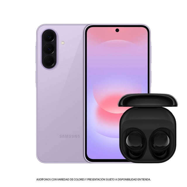 smartphone samsung galaxy a37 5g 8+256 gb lavanda + buds desbloqueado vista frontal y trasera: teléfono color lavanda con pantalla Super AMOLED de 6.7" encendida y marco fino, módulo triple trasero (50 MP y OIS según especificaciones) y buds inalámbricos negros en estuche abierto; menciona 120 Hz, 5G y batería 5000 mAh.