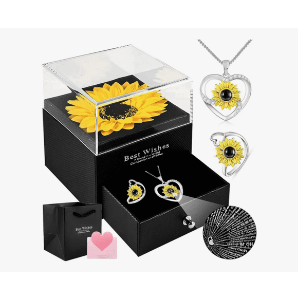 Collar De Girasol Caja Con Anillo Color Amarillo