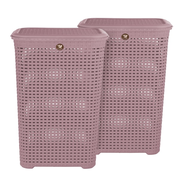 Kit 2 Cestos de Plástico La Ardilla Con Tapa para Ropa Tipo Rattan (Rosa)
