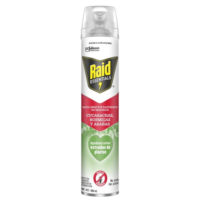 insecticida en aerosol raid essentials para insectos rastreros 400 ml — Lata cilíndrica frontal con logotipo Raid Essentials; etiqueta roja y verde que indica "mata insectos rastreros", "cucarachas, hormigas y arañas" y "ingredientes activos extraídos de plantas". Boquilla spray transparente en la parte superior; producto aislado sobre fondo blanco. Etiqueta señala que se puede usar alrededor de plantas domésticas.