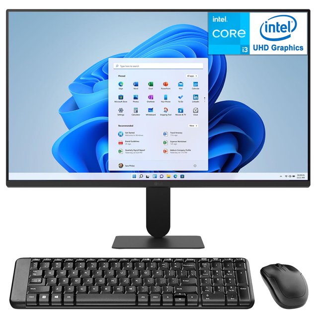 computadora mini pc asus nuc 13 pro intel core i3 1315u 16gb ram 256gb ssd monitor 23.8" teclado mouse — Vista frontal centrada de monitor 23.8" Full HD 120Hz en negro mostrando Windows 11; enfrente, teclado negro de tamaño completo y mouse inalámbrico negro; logos Intel Core i3 y Intel UHD Graphics visibles en la esquina superior del monitor. Solución de escritorio adecuada para productividad y multimedia.
