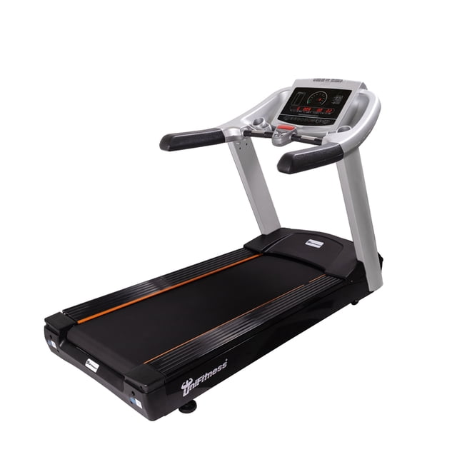 caminadora eléctrica unifitness 9300 uso rudo gimnasio negra, vista 3/4 frontal con monitor digital y barandales; banda de trote 168 x 60 cm, velocidad hasta 20 km/h, 15 niveles de inclinación, 20 niveles de resistencia y motor 3.0 HP; ruedas de traslado visibles y consola con lectura de tiempo, calorías, distancia, velocidad promedio y pulso cardiaco. Suele usarse también para entrenamiento de intervalo en espacios de gimnasio.