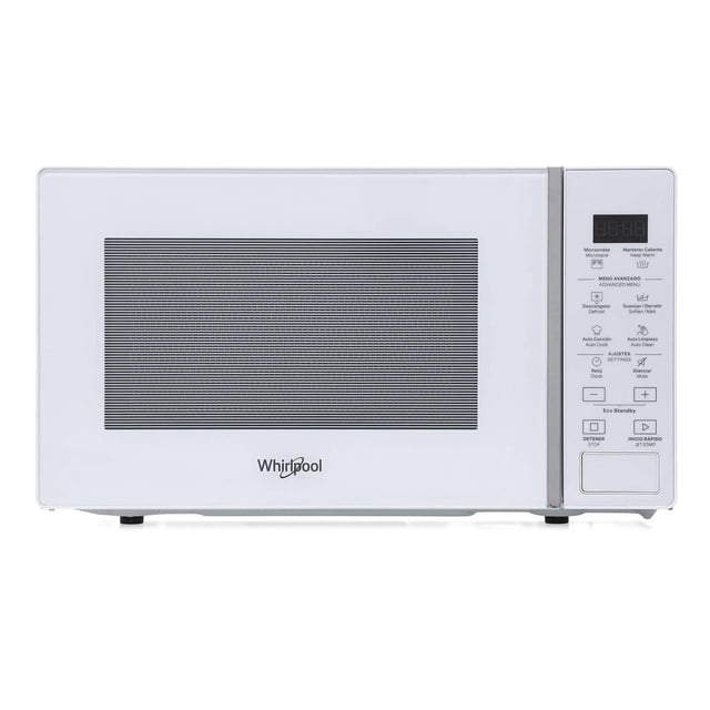 horno de microondas whirlpool wm1807w 0.7 pies blanco vista frontal centrada con puerta blanca y ventana de malla, panel de control digital a la derecha con pantalla LED verde y botones táctiles, logo Whirlpool en el bisel inferior; ficha indica 12 opciones de autococción, 4 opciones para descongelar y 5 niveles de potencia, tamaño compacto apto para calentar platos pequeños durante reuniones.